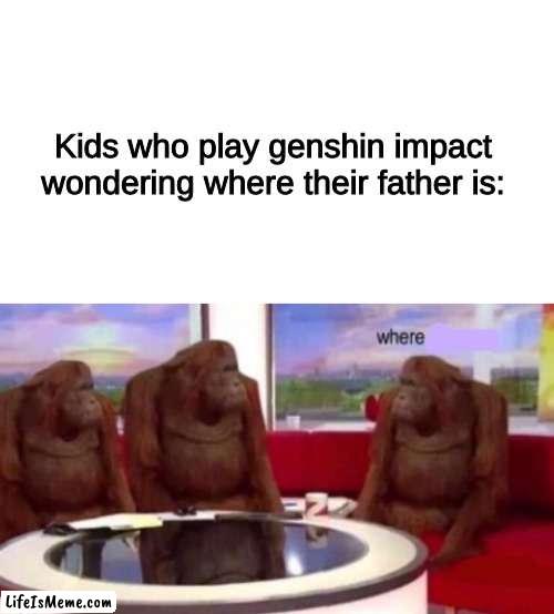 no words | Kids who play genshin impact wondering where their father is: | image tagged in blank white template,where banana blank,no words,oh wow are you actually reading these tags,stop reading the tags | made w/ Lifeismeme meme maker