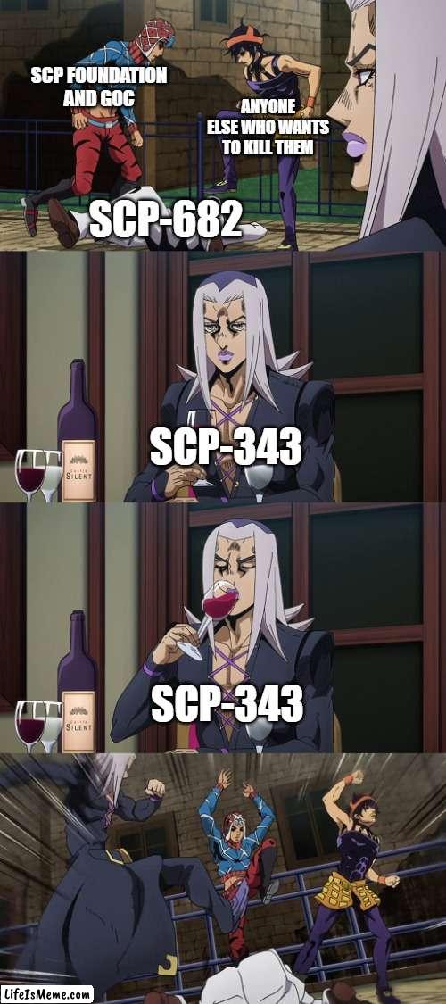 Who doesn't want this lizard dead | SCP FOUNDATION AND GOC; ANYONE ELSE WHO WANTS TO KILL THEM; SCP-682; SCP-343; SCP-343 | image tagged in abbacchio joins in the fun,scp | made w/ Lifeismeme meme maker