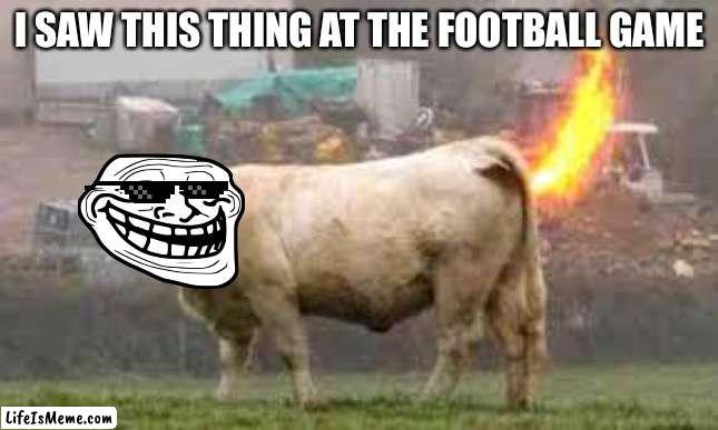 Fire Pooping Cow | I SAW THIS THING AT THE FOOTBALL GAME | image tagged in weird,weird stuff i do potoo | made w/ Lifeismeme meme maker