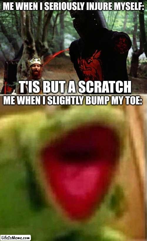 Monty Python and the Holy Grail is best movie | ME WHEN I SERIOUSLY INJURE MYSELF:; T'IS BUT A SCRATCH; ME WHEN I SLIGHTLY BUMP MY TOE: | image tagged in monty python black knight,ahhhhhhhhhhhhh,memes,funny,injury,pain | made w/ Lifeismeme meme maker