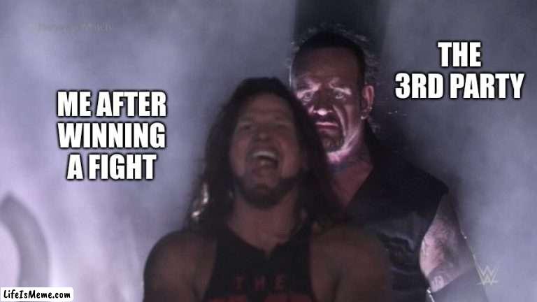 Happens in every game | THE 3RD PARTY; ME AFTER WINNING A FIGHT | image tagged in aj styles undertaker,battle royale | made w/ Lifeismeme meme maker