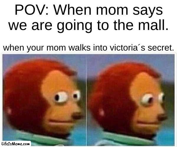 My god do i hate n that | POV: When mom says we are going to the mall. when your mom walks into victoria´s secret. | image tagged in memes,monkey puppet | made w/ Lifeismeme meme maker