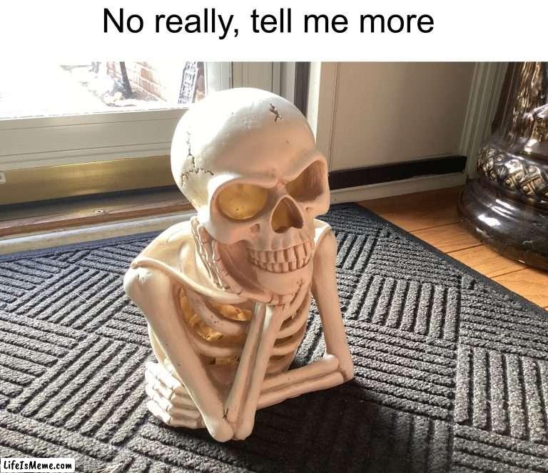 I have this in my house | No really, tell me more | image tagged in memes,funny,halloween,spooky month,skeleton,spooky scary skeleton | made w/ Lifeismeme meme maker