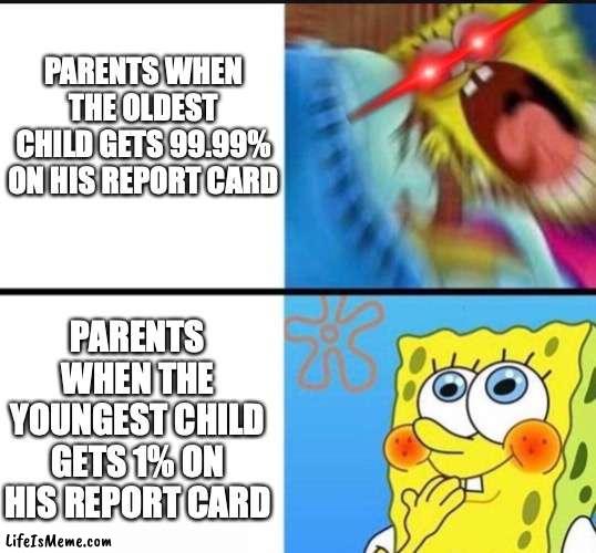 Oldest vs youngest | PARENTS WHEN THE OLDEST CHILD GETS 99.99% ON HIS REPORT CARD; PARENTS WHEN THE YOUNGEST CHILD GETS 1% ON HIS REPORT CARD | image tagged in funny memes,relatable memes,parents,report card | made w/ Lifeismeme meme maker