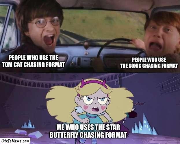 Star Butterfly Chasing Harry and Ron Weasly | PEOPLE WHO USE THE TOM CAT CHASING FORMAT; PEOPLE WHO USE THE SONIC CHASING FORMAT; ME WHO USES THE STAR BUTTERFLY CHASING FORMAT | image tagged in star butterfly chasing harry and ron weasly,memes,tom chasing harry and ron weasly,sonic chasing harry and ron,funny | made w/ Lifeismeme meme maker