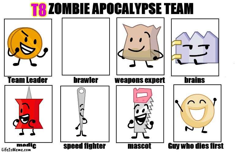 TPOT Zombie Apocalypse Teams: Team8s | T8 | image tagged in my zombie apocalypse team,bfb | made w/ Lifeismeme meme maker