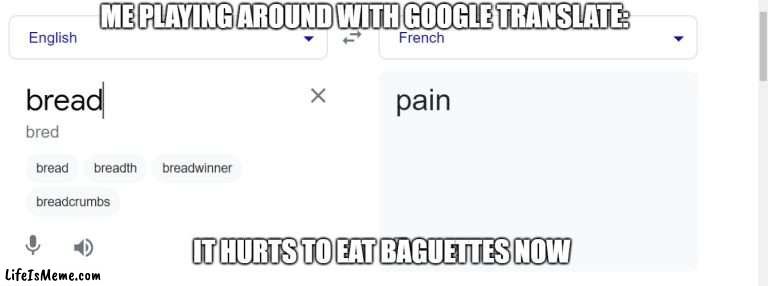 I just hurt myself in French. | ME PLAYING AROUND WITH GOOGLE TRANSLATE:; IT HURTS TO EAT BAGUETTES NOW | image tagged in memes,google translate,bread | made w/ Lifeismeme meme maker