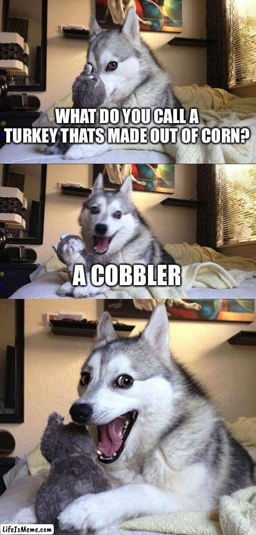 Turkey+corn | WHAT DO YOU CALL A TURKEY THATS MADE OUT OF CORN? A COBBLER | image tagged in memes,bad pun dog | made w/ Lifeismeme meme maker