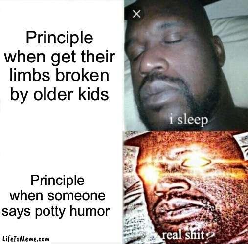 Sorry teachers, but your systems trash | Principle when get their limbs broken by older kids; Principle when someone says potty humor | image tagged in memes,sleeping shaq | made w/ Lifeismeme meme maker