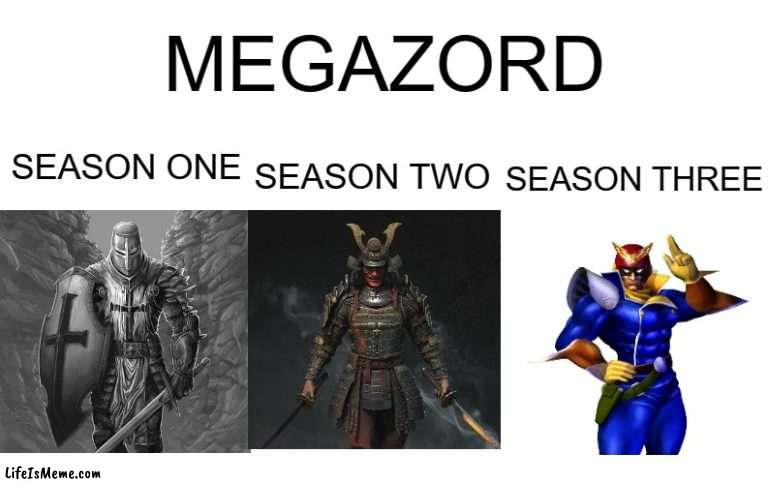 Megazords be like | MEGAZORD; SEASON ONE; SEASON TWO; SEASON THREE | image tagged in power rangers | made w/ Lifeismeme meme maker