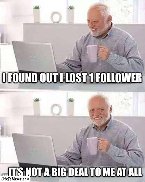 I lost 1 follower sad | I FOUND OUT I LOST 1 FOLLOWER; …IT’S NOT A BIG DEAL TO ME AT ALL | image tagged in memes,hide the pain harold | made w/ Lifeismeme meme maker