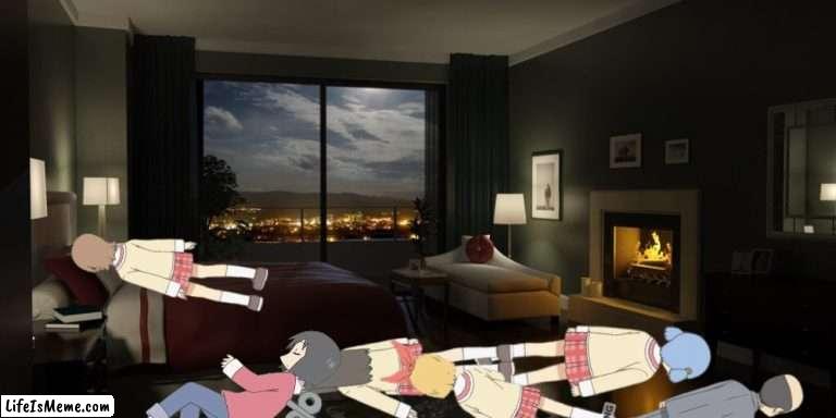 Mio and friends sleeping | image tagged in night bedroom | made w/ Lifeismeme meme maker