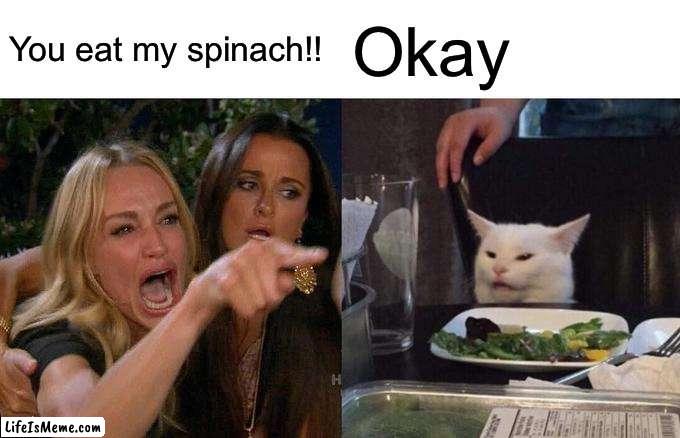 Spinach fun | You eat my spinach!! Okay | image tagged in memes,woman yelling at cat | made w/ Lifeismeme meme maker