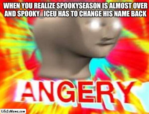 NOOOOOO!!! | WHEN YOU REALIZE SPOOKYSEASON IS ALMOST OVER; AND SPOOKY_ICEU HAS TO CHANGE HIS NAME BACK | image tagged in surreal angery | made w/ Lifeismeme meme maker