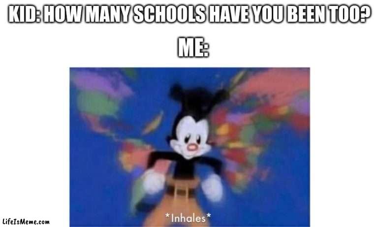 its true tho. | ME:; KID: HOW MANY SCHOOLS HAVE YOU BEEN TOO? | image tagged in yakko's world,school,school meme | made w/ Lifeismeme meme maker