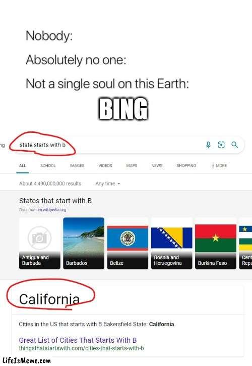 proof google is better | BING | image tagged in stop reading the tags,oh wow are you actually reading these tags,you have been eternally cursed for reading the tags | made w/ Lifeismeme meme maker