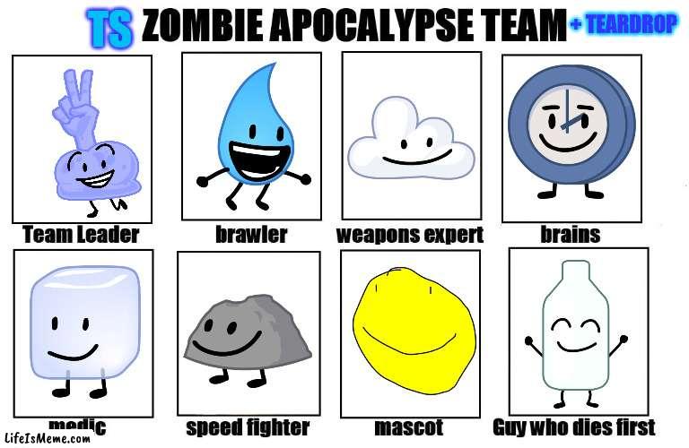 TPOT zombie apocalypse teams: The S! [+Teardrop because she's on her own team] | TS; + TEARDROP | image tagged in my zombie apocalypse team,bfb | made w/ Lifeismeme meme maker