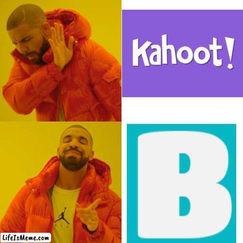 Blooket is best | image tagged in memes,drake hotline bling,kahoot,blooket,never gonna give you up,never gonna let you down | made w/ Lifeismeme meme maker
