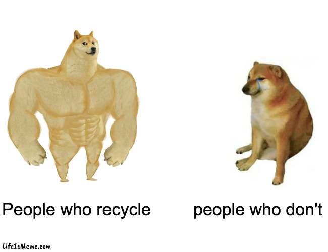 recycle | People who recycle; people who don't | image tagged in memes,buff doge vs cheems | made w/ Lifeismeme meme maker