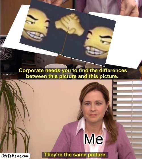They are not the same | Me | image tagged in memes,they're the same picture,why are you reading this,stop reading the tags,sussy baka | made w/ Lifeismeme meme maker