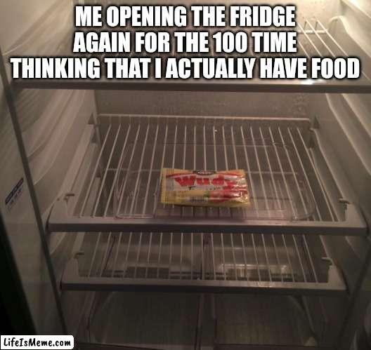 The fridge silly opener | ME OPENING THE FRIDGE AGAIN FOR THE 100 TIME THINKING THAT I ACTUALLY HAVE FOOD | image tagged in empty fridge,oh wow are you actually reading these tags,why are you reading this,stop reading the tags | made w/ Lifeismeme meme maker
