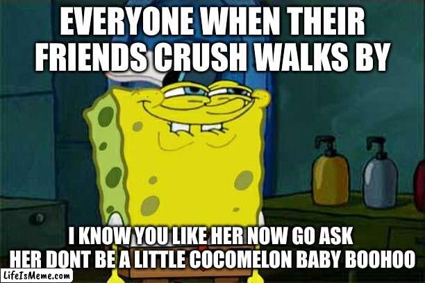 Friends that just know who you like | EVERYONE WHEN THEIR FRIENDS CRUSH WALKS BY; I KNOW YOU LIKE HER NOW GO ASK  HER DONT BE A LITTLE COCOMELON BABY BOOHOO | image tagged in memes,don't you squidward | made w/ Lifeismeme meme maker