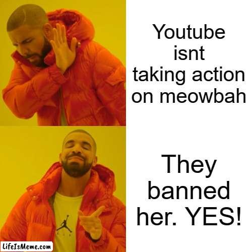 no more meowbah | Youtube isnt taking action on meowbah; They banned her. YES! | image tagged in memes,drake hotline bling | made w/ Lifeismeme meme maker