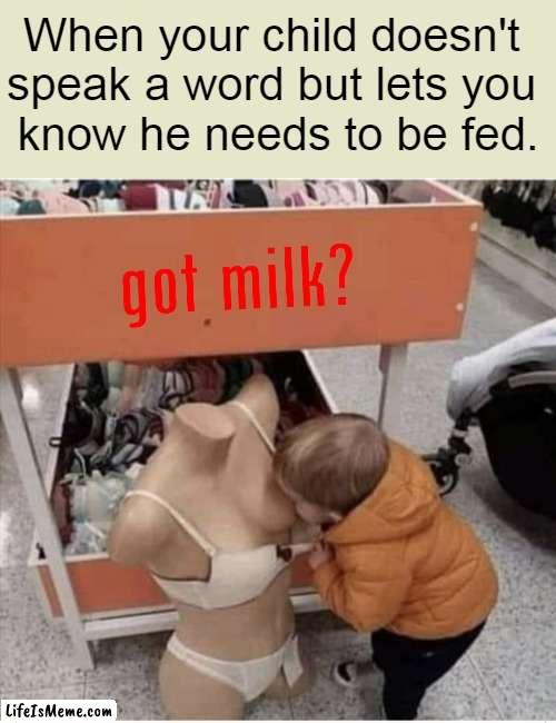 Milk. It does a body good. | When your child doesn't 
speak a word but lets you 
know he needs to be fed. | image tagged in fun,got milk,child,hungry kids,funny,humor | made w/ Lifeismeme meme maker