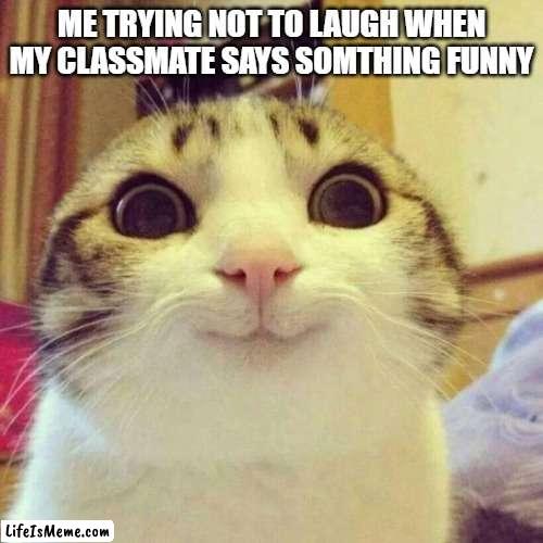 why does this feel relatable | ME TRYING NOT TO LAUGH WHEN MY CLASSMATE SAYS SOMTHING FUNNY | image tagged in memes,smiling cat | made w/ Lifeismeme meme maker