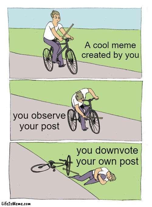 lets see if this is related or nahh | A cool meme created by you; you observe your post; you downvote your own post | image tagged in memes,bike fall | made w/ Lifeismeme meme maker