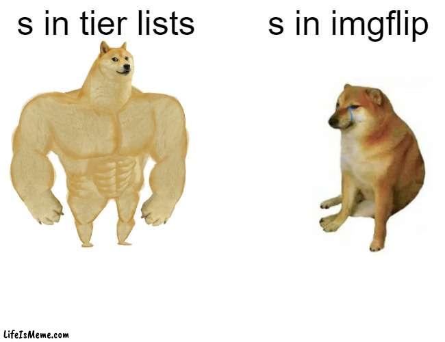 flip through memes | s in tier lists; s in imgflip | image tagged in memes,buff doge vs cheems | made w/ Lifeismeme meme maker