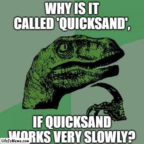 If anything, it should be called 'slowsand'. | WHY IS IT CALLED 'QUICKSAND', IF QUICKSAND WORKS VERY SLOWLY? | image tagged in memes,philosoraptor | made w/ Lifeismeme meme maker