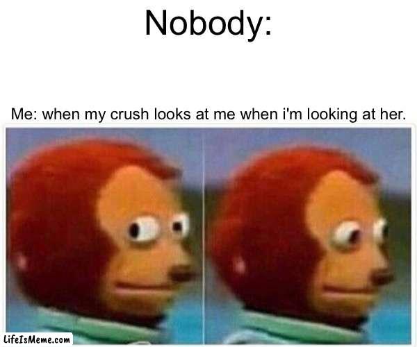 Me when i... | Nobody:; Me: when my crush looks at me when i'm looking at her. | image tagged in memes,monkey puppet | made w/ Lifeismeme meme maker