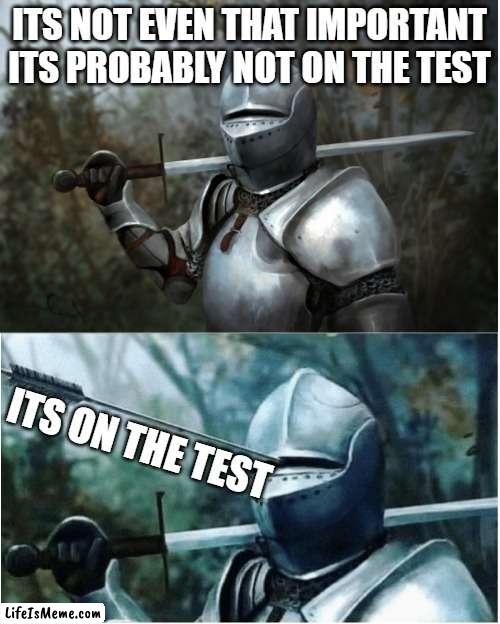 y does this always happen | ITS NOT EVEN THAT IMPORTANT ITS PROBABLY NOT ON THE TEST; ITS ON THE TEST | image tagged in knight with arrow in helmet,memes,funny,relatable,so true memes,always | made w/ Lifeismeme meme maker