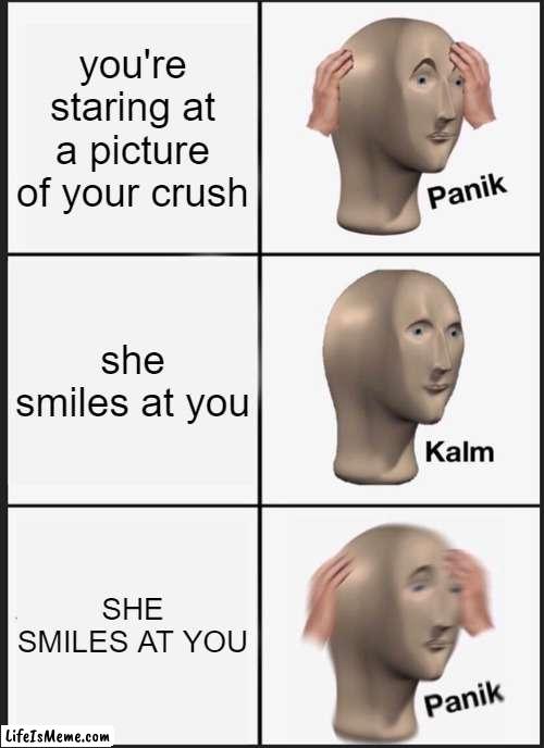 inspired meme | you're staring at a picture of your crush; she smiles at you; SHE SMILES AT YOU | image tagged in memes,panik kalm panik | made w/ Lifeismeme meme maker