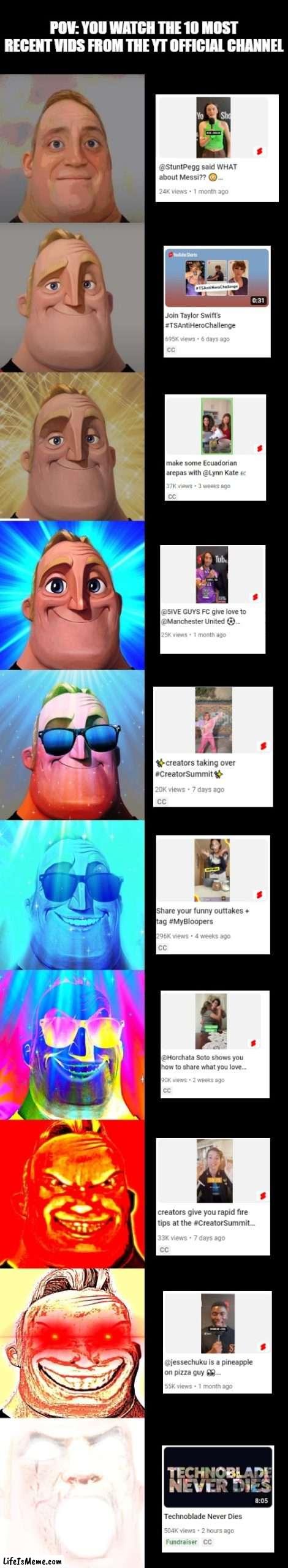 9 normal, 1 godly. | POV: YOU WATCH THE 10 MOST RECENT VIDS FROM THE YT OFFICIAL CHANNEL | image tagged in mr incredible becoming canny,youtube | made w/ Lifeismeme meme maker