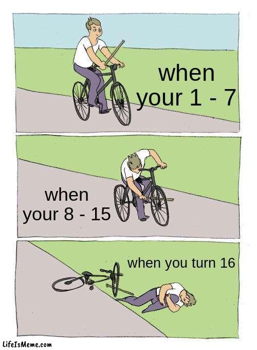 when you grow older | when your 1 - 7; when your 8 - 15; when you turn 16 | image tagged in memes,bike fall | made w/ Lifeismeme meme maker