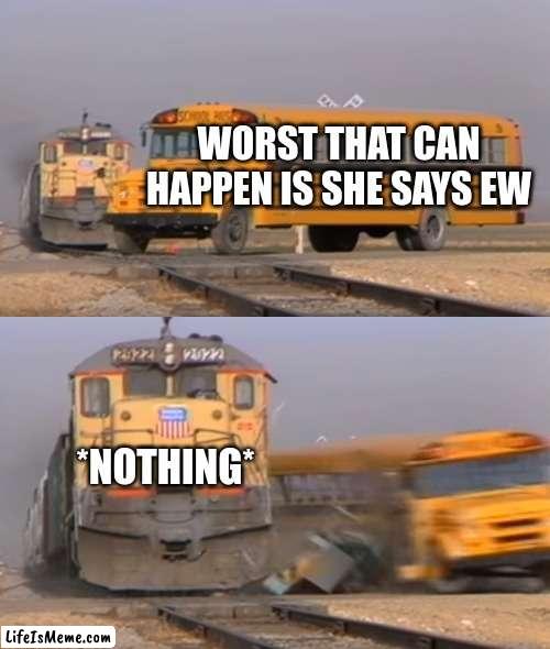 Not Again!!! | WORST THAT CAN HAPPEN IS SHE SAYS EW; *NOTHING* | image tagged in a train hitting a school bus,rejection,funny,worst mistake of my life | made w/ Lifeismeme meme maker