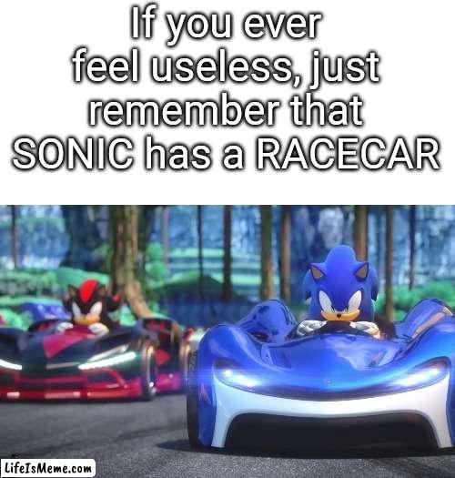 this is so stupid | If you ever feel useless, just remember that SONIC has a RACECAR | image tagged in white background,stupid,memes,sonic,racecar | made w/ Lifeismeme meme maker
