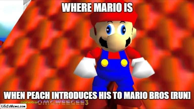 Mario did it | WHERE MARIO IS; WHEN PEACH INTRODUCES HIS TO MARIO BROS [RUN] | image tagged in super,mario,bros,run,peach | made w/ Lifeismeme meme maker