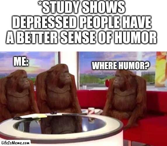 I ain't depressed!!! (But I don't have bad humor...) | *STUDY SHOWS DEPRESSED PEOPLE HAVE A BETTER SENSE OF HUMOR; ME:; WHERE HUMOR? | image tagged in blank white template,where monkey | made w/ Lifeismeme meme maker