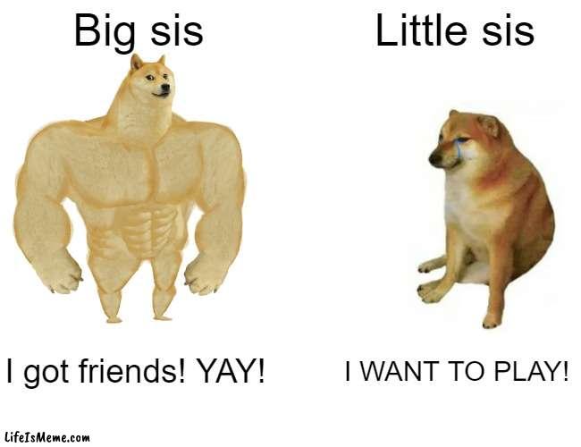 sisters be like: | Big sis; Little sis; I got friends! YAY! I WANT TO PLAY! | image tagged in memes,buff doge vs cheems | made w/ Lifeismeme meme maker