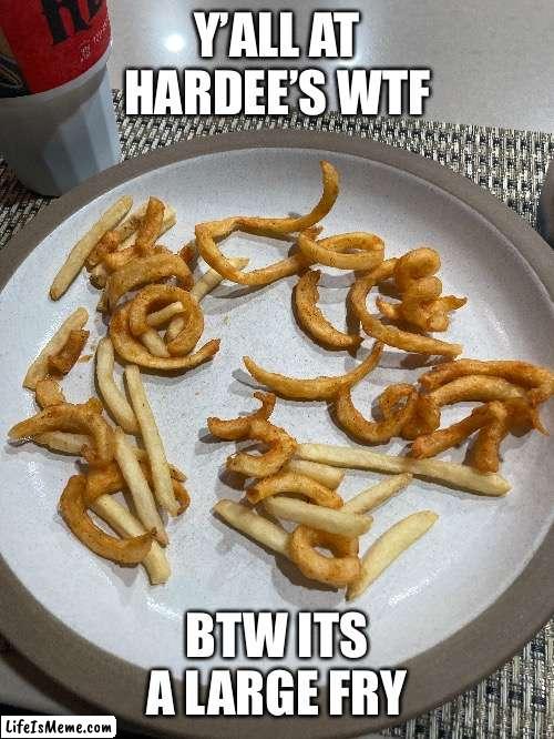 Wtf Hardee’s they skimped on fries and didnt give me alot of curly fries | Y’ALL AT HARDEE’S WTF; BTW ITS A LARGE FRY | image tagged in fun,fun stream,french fries,memes,fresh memes | made w/ Lifeismeme meme maker