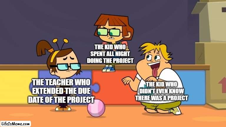 Another Total DramaRama meme bc my account needs reviving | THE KID WHO SPENT ALL NIGHT DOING THE PROJECT; THE KID WHO DIDN'T EVEN KNOW THERE WAS A PROJECT; THE TEACHER WHO EXTENDED THE DUE DATE OF THE PROJECT | image tagged in angry harold,memes,funny,relatable,total dramarama | made w/ Lifeismeme meme maker