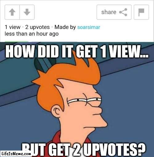 How tho?? | HOW DID IT GET 1 VIEW... ...BUT GET 2 UPVOTES? | image tagged in memes,futurama fry | made w/ Lifeismeme meme maker