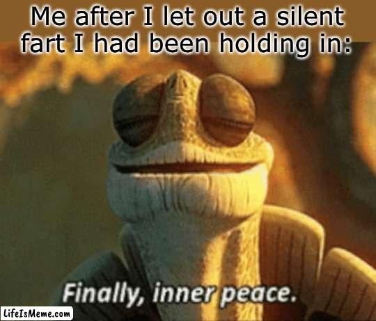 Finally, inner peace | Me after I let out a silent fart I had been holding in: | image tagged in finally inner peace,memes,funny,farts | made w/ Lifeismeme meme maker