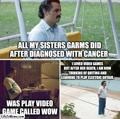 It was at this moment I realise I need to switch hobbys | ALL MY SISTERS GARMS DID AFTER DIAGNOSED WITH CANCER; I LOVED VIDEO GAMES BUT AFTER HER DEATH, I AM NOW THINKING OF QUITING AND LEARNING TO PLAY ELECTRIC GUTAIR. WAS PLAY VIDEO GAME CALLED WOW | image tagged in memes,sad pablo escobar | made w/ Lifeismeme meme maker