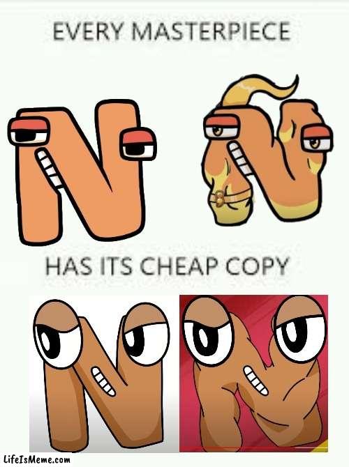 N and Ñ have a cheap copy… | image tagged in every masterpiece has its cheap copy | made w/ Lifeismeme meme maker