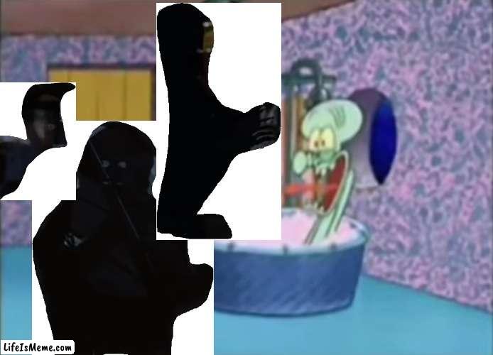 The Shadow Spirits Drop By Squidward's House | image tagged in x drops by squidward's house,shadow spirits,ghost,ghost 1990,squidward,drops by squidward's house | made w/ Lifeismeme meme maker