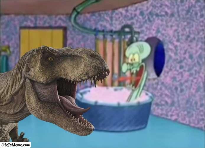 Rexy Drops By Squidward's House | image tagged in x drops by squidward's house,rexy,jurassic park,squidward,squidward tentacles,drops by squidward's house | made w/ Lifeismeme meme maker